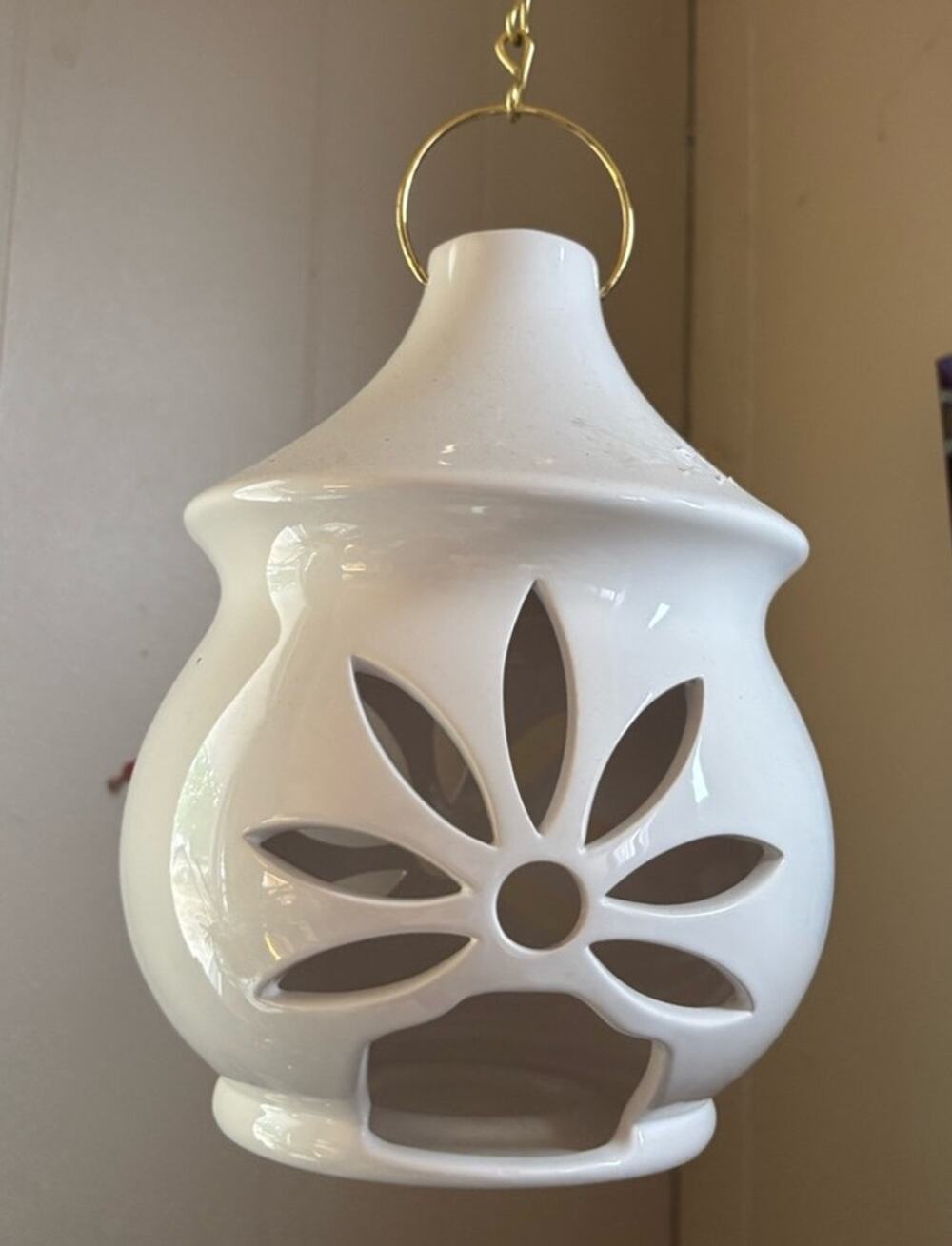 Floral Lantern Hanging on Gold Chain, Ceramic Candle Holder, PartyLite Sonata